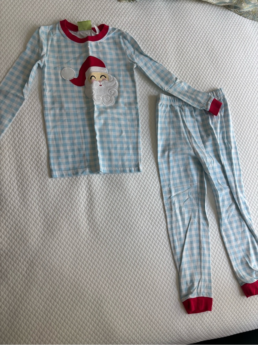 Classic Whimsy Light Blue Gingham Kids Santa Pajama Set with Red Trim - Picture 4 of 4